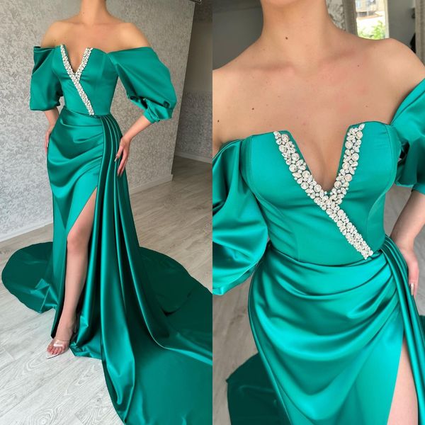 

fashion turquoise green prom dresses off shoulder beads v neck evening gowns puffy sleeves pleats slit formal long special occasion party dr, Black
