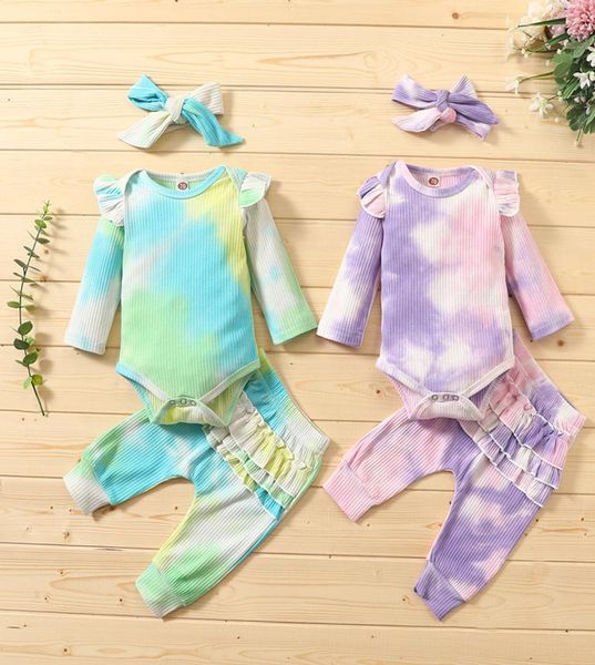 

baby clothes clothing set long sleeve romper pants bow headband 3 pcs fashion infants wear tie dye girl outfit with head band1935283, White