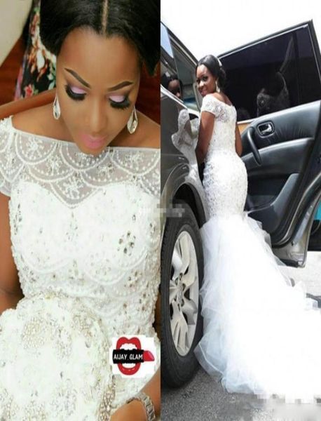 

plus size arabic nigerian wedding dresses mermaid luxury beading pearls sheer bateau neck short sleeves chapel train tulle bridal 7856368, White