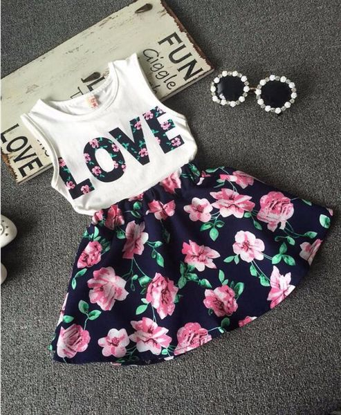 

new girl039s dresses love letters sleeveless vest floral skirt summer twopiece minimum order quantity 1pcs epacket1951101, Red;yellow