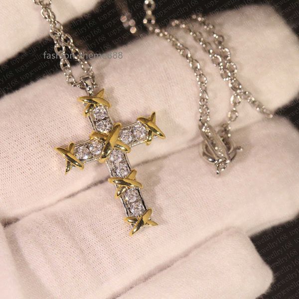

hip hop cross pendant necklace diamonds jewelry necklaces for men women gift gold plated copper zircons titanium steel cuban link chain, Silver
