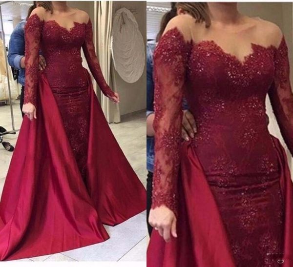 

burgundy mermaid evening dresses with overskirt detachable train sheer neck sequins long sleeves prom dress satin and lace party5055765, Black;red