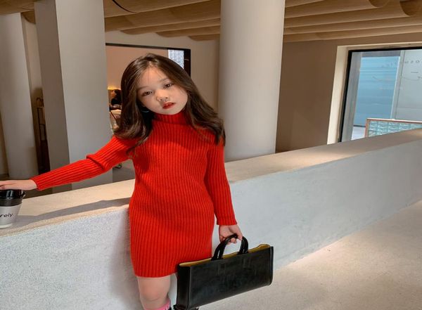 

winter girls turtleneck knitting sweater dress kids stripe long sleeve stretch sweater dress children xmas long bottom dress a45973018371, Red;yellow