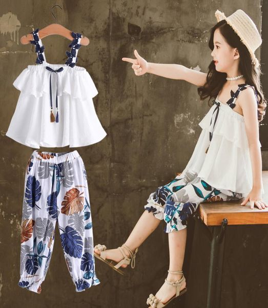 

sleeveless girl039s sets summer children 2pcs set fashion printed sling and pants kids suits for 3t12t5029280, White