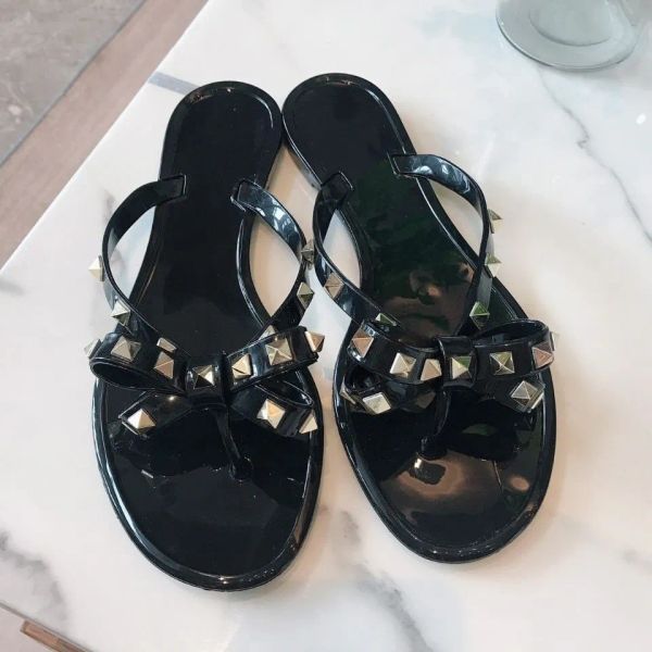 

with box new 2017ss woman summer slippers sandals rivets big bowknot flip flops beach sandalias femininas flat jelly designer sandals hs, Black