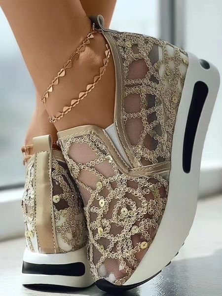 

dress shoe's sneakers floral embroidery mesh for women slip on casual comfy heeled shoes woman p230703, Black