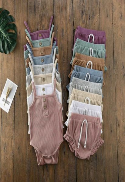 

ins girl039s baby two pieces sets summer solid color suspender shirt ruffles short 100 cotton kids clothing set9072424, White