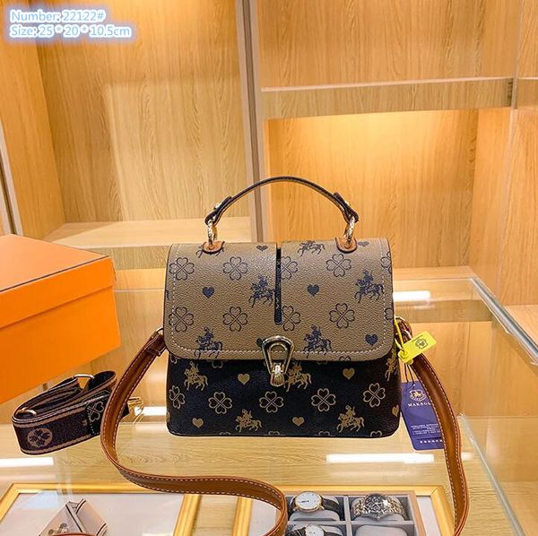 

Factory wholesale brand ladies shoulder bags 2 colors flip printing thickened leather tote bag elegant old vintage handbag trend gold buckle backpack, Brown-22122#