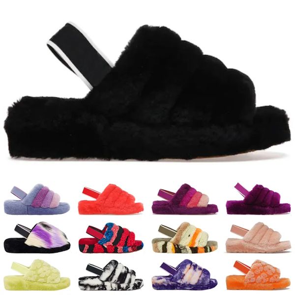 

with box designer slippers women fluff yeah slide slippers slides sandal australia fuzzy soft house ladies womens yellow blue red furry s pg, Black