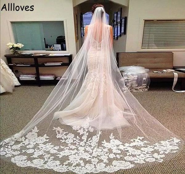 

glamorous lace appliqued bridal veils headwear white ivory 3 meters long tulle one layer wedding veil for brides hair accessories 7898588, Black