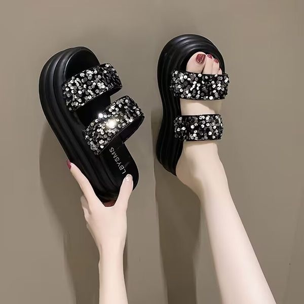 

platform slippers fashion bright glitter outdoor comfort non-slip personality casual increase beach sandals, Black