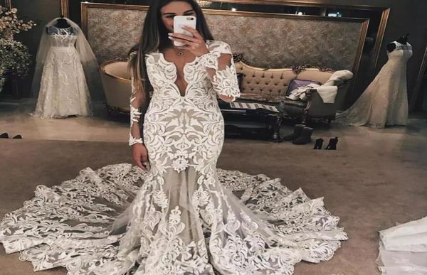 

african nigerian wedding dress glamorous mermaid long sleeve lace appliques garden country church bride bridal gown custom made pl1674059, White