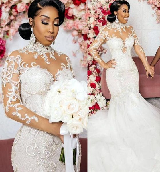 

2021 plus size arabic aso ebi lace beaded mermaid wedding dress high neck sheer neck long sleeves vintage bridal gowns dresse7194102, White