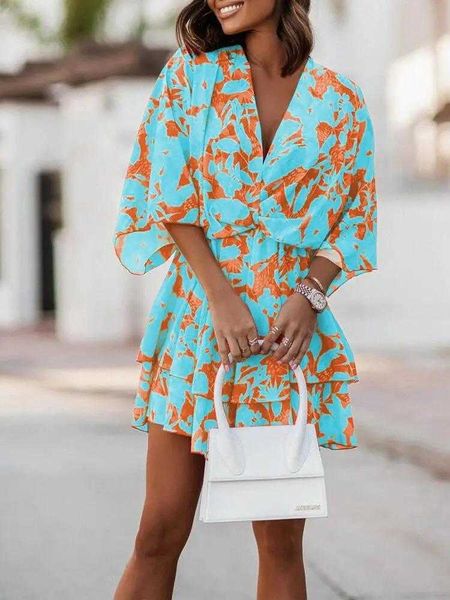 

dresses casual women short sleeve v neck party dress commuter fashion print beach mini lady elegant lace-up ruffle office dressescasual, White