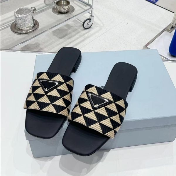 

designer slide women's slippers p triangle label sandals fashion luxury embroidered flat bottom slippers summer outside wear retro a fl, Black
