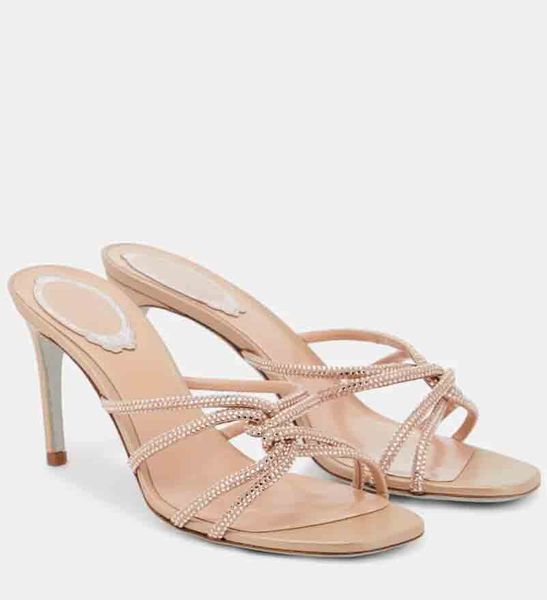 

designers women jewel sandal renes embellished satin suede leather mules sandal slide helel genuine leather sliver sole summer crystals pump, Black