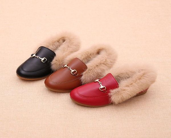 

kids fashion metal chain shoes winter warm boys girl black brown fur flat rubber nonslip leather velvet fluffy fur kids loafers4348323, Black;red