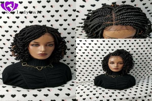 

2020 new lace frontal short braided wigs for black women synthetic lace front braids wig with curly tips baby hair5171552