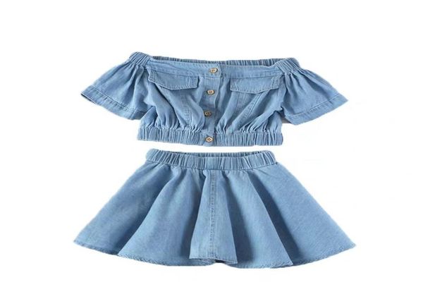 

new 2020 girls fashion clothes demim children clothing set short sleeve shirts skirt 2pcs summer toddler kids costume suits1664871, White