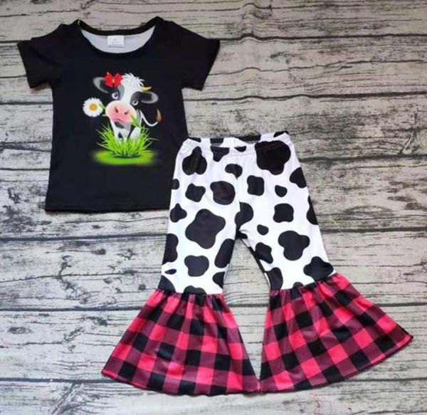 

2020 girls clothes set cow print tshirt bell bottom outfits spring summer toddler girls boutique clothing outfits new design1072813, White