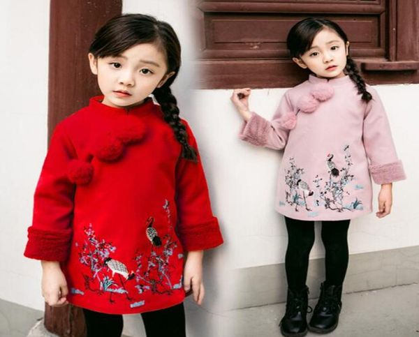 

girls dresses new winter chinese cheongsam style thick warm new year baby girls long sleeve princess dresses 2 colors6708618, Red;yellow