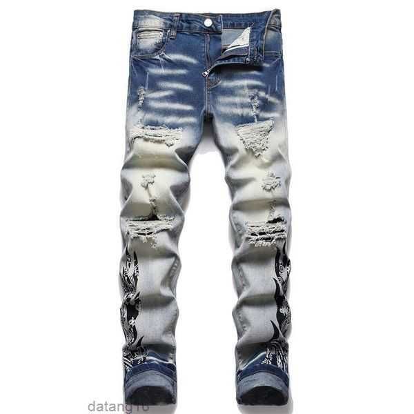 

mens designer jeans no rips skinny amirri for men ripped pants with holes denim man shirt straight leg slim fit zipper amari hip hop bikers, Blue