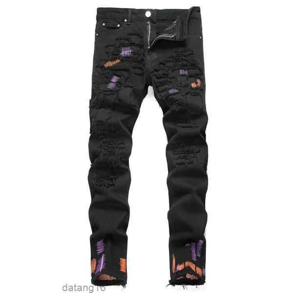 

mens designer jeans no rips skinny amirri for men ripped pants with holes denim man shirt straight leg slim fit zipper amari hip hop bikers, Blue
