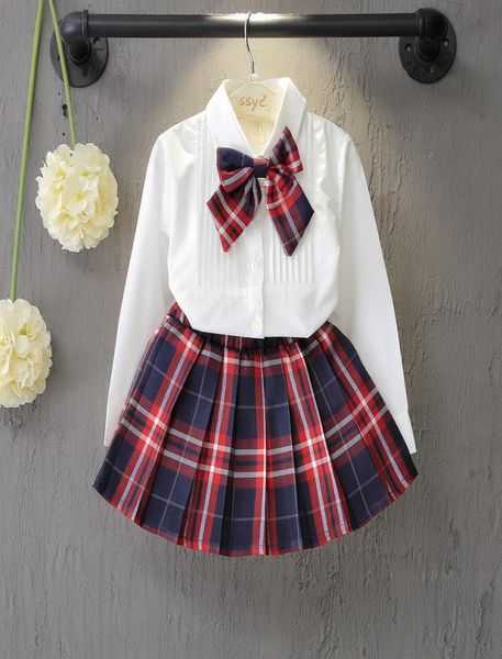 

kids tracksuits girls bow shirt plaid skirts 2 piece outfits fashion autumn long sleeve suits set spring children clothing sets9430897, White