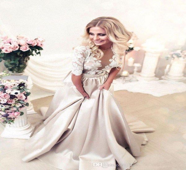 

white lace champagne satin bridal dresses half long sleeve lace applique wedding dresses sheer neck illusion wedding gown buttons 1689185