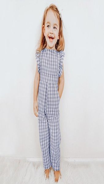 

kids girls jumpsuits summer baby girl ruffles fly sleeve plaid overalls jumpsuit children cotton clothes a56929333519, Blue