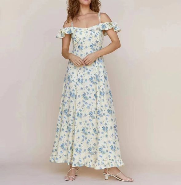 

designer dress floral printed gathered waist slip long dress, Black;gray