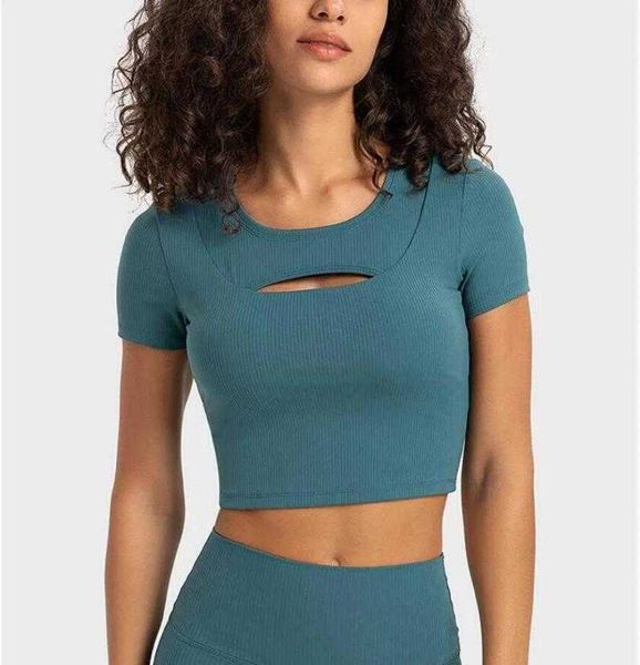 

lu-370 hollow yoga stripped rib short sports t-shirt women's slim breathable running fitness gym shirt, White;red