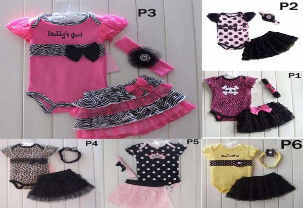 

6 styles baby kids 3pcs clothes romper tutu skirt headband set fashion leopard dots skull lace tutu outfits children romper c23199203, White