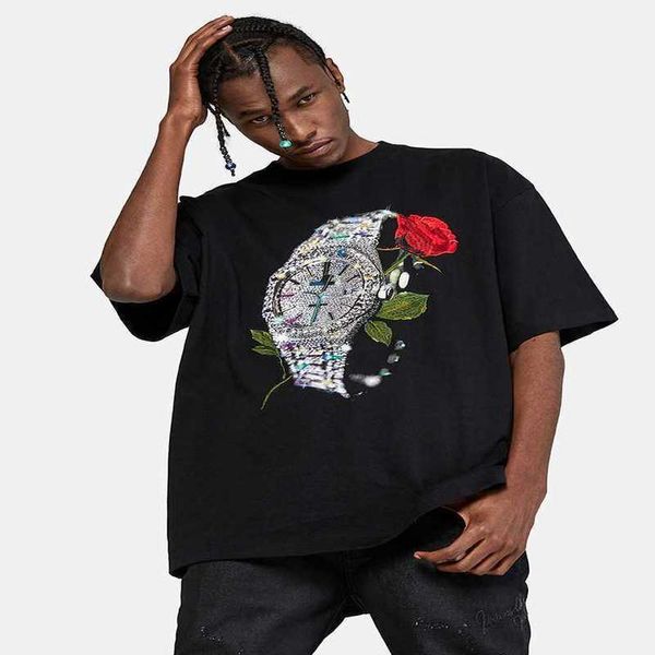 

stussys watch rose embroidery short sleeve t-shirt loose fashion couple spring/summer new personalized loose tee, White;black