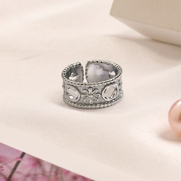 

brand gold ring brand letters band rings brass alloy open band rings fashion designer crystal pearl ring for womens wedding jewelry, Silver