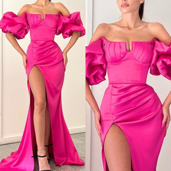 

fashion rosy pink prom dresses strapless puffy sleeves evening gowns pleats slit formal red carpet long special occasion party dress, Black