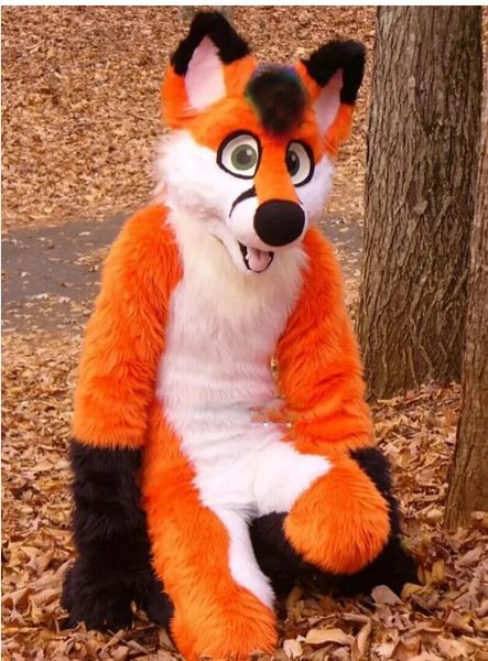 

long fur husky dog fox mascot costume fursuit halloween suit cartoon outfits party dress, Red;yellow