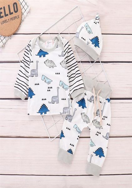 

mikrdoo toddler newborn baby boy cloths set striped long sleeve tshirt pant with hat dinosaur print 3pcs outfit kids autumn s4623407, White