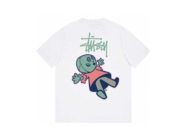 

men's and women's fashion t-shirt high street brand stussys doll pattern printed short sleeve unisex, White