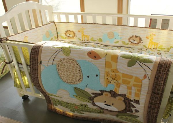 

7pcs baby boy bedding set pure cotton 3d embroidery lion elephant giraffe and crocodile crib bedding set baby quilt bed around cot7795772