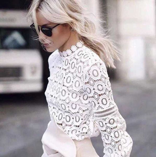 

style euro new arrival women round collar long sleeve hollow out embroidery flowers lace blouse lady elegant shirts, White