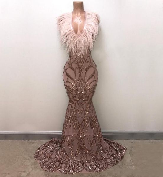 

sparkly feathers mermaid prom dresses deep vneck sequin lace appliques mermaid evening gowns african dubai vestidos de fiesta2840685, Black