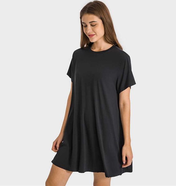 

lulus french round neck yoga clothes outdoor casual dresses skin friendly nake feeling t-shirt dress soft loose pleated skirts wear yoga clo, Black;gray