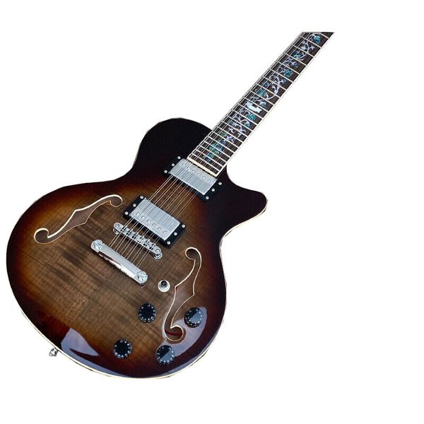 

semi hollow body 12 string f hole electric guitar, abalone inlaid fingerboard,