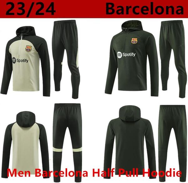 

ansu fati camisetas de football tracksuit set 23/24 barcelona lewandowski f.de jong half pull hoodie training chandal futbol, Black
