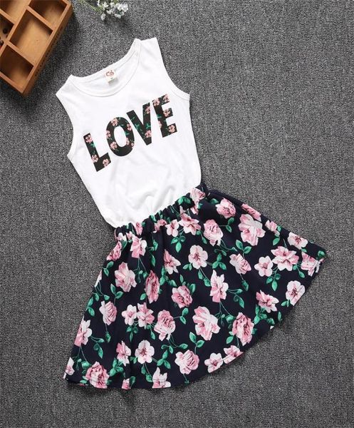 

100150cm baby girls clothes love flower skirt 2pcs pretty flowered cotton kids sets 2018 summer children girl clothing set2820232, White
