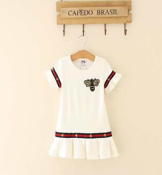 

designer kids dress girls sequins bees embroidery dress children stripe ribbon flare sleeve falbala dress new girl summer dresses 7616545, Red;yellow