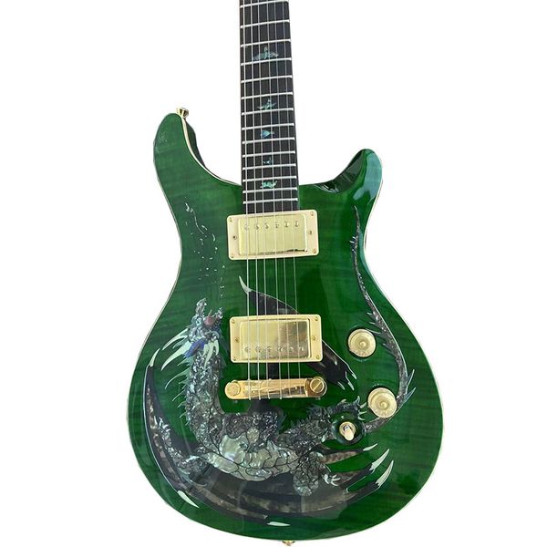 

six string electric guitar with green dragon pattern. factory customizable new
