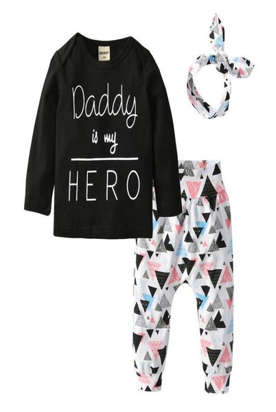 

newborn baby girl clothes daddy is my hero 3pcs outfits set long sleeve tshirtpantsheadband infant toddler clothing suit y200807892397, White
