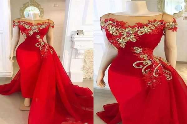 

red evening dresses wear lace appliques gold crystal beaded cap sleeves organza mermaid floor length plus size formal party p7799009, Black;red